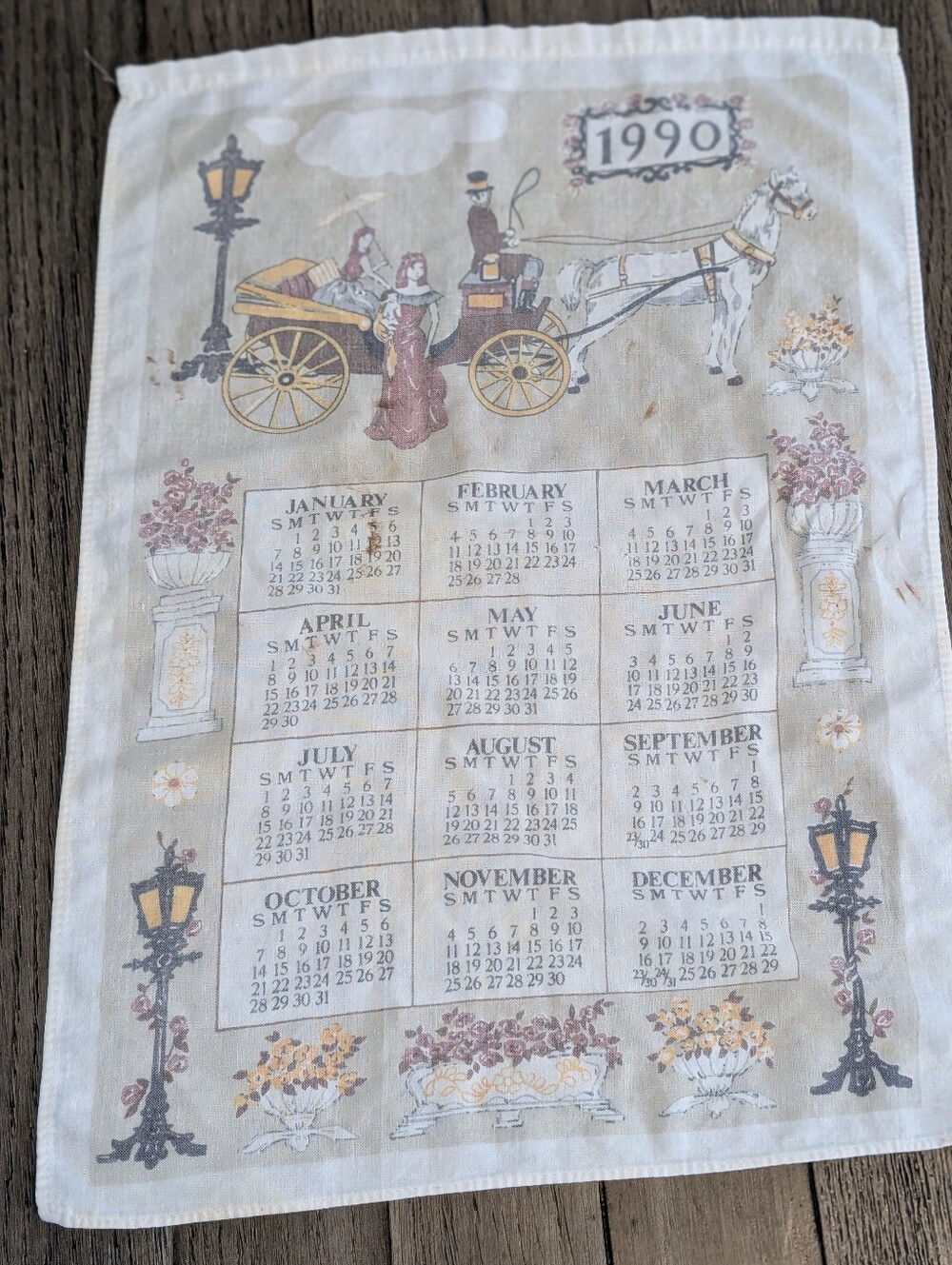 Vintage 1990 Calendar Tea Towel Horse Carriage Cottagecore Victorian Farmhouse